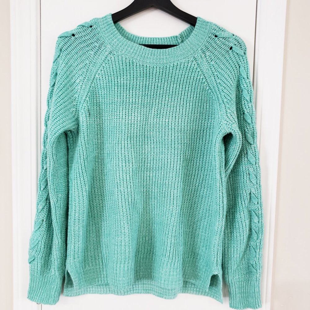 Seafoam Green Sweater with Lace Up Sleeve Detail